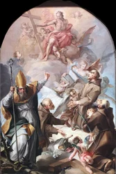 Tre santi cappuccini e un vescovo adorano Cristo e la Croce